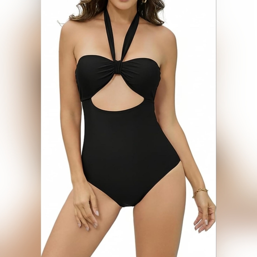 Cromi Black Cutout Halter One-Piece Swimsuit | Size L (Fits 12–14)